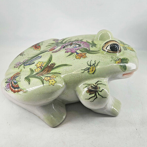 Vintage Ceramic large hand painted famille rose frog flowers insects unique 12"